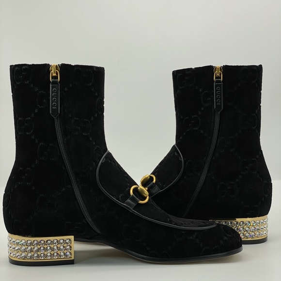 Gucci horsebit GG black velvet crystal heel ankle - Picture 7 of 12